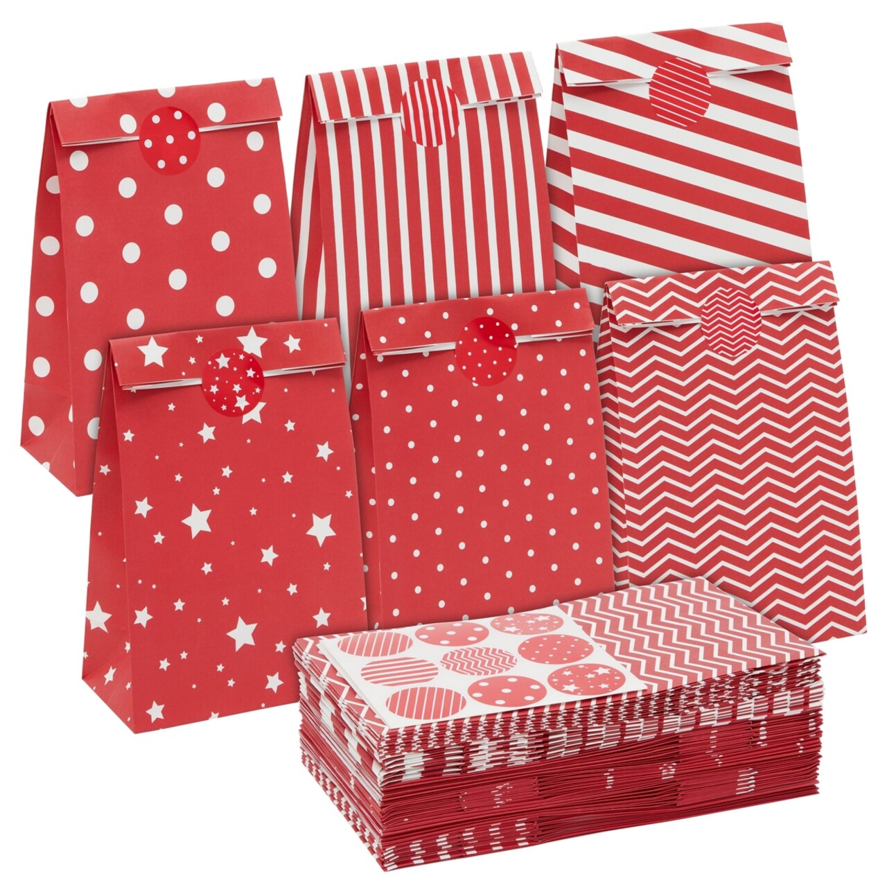 36-Pack Small Red Party Favor Bags, 5.5x3.2x9-Inch Paper Goodie Bags with Stickers for Birthday Party Supplies (6 Designs)
